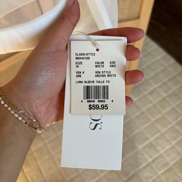 David’s Bridal Long Sleeve Tulle Topper Mesh White Top Button Back size 14 new - Picture 5 of 7